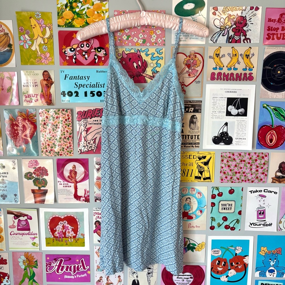 Blue Lace Babydoll Flower Pattern Slip Dress